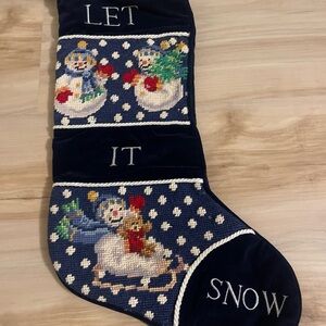 Wool Needlepoint Christmas Stocking Let It Snow Snowman Blue Velvet Back 17 in